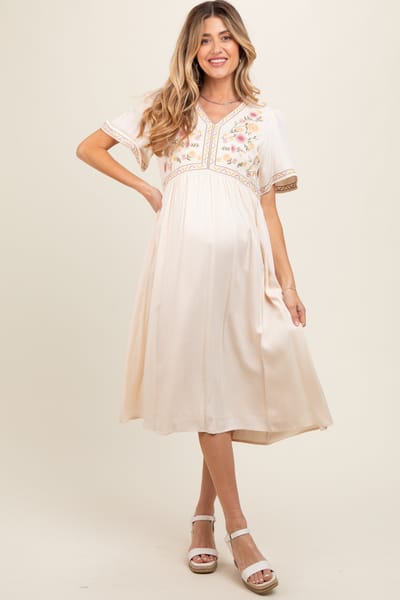 Tea N Rose Cream Short Sleeve V-Neck Maternity Midi Dress
