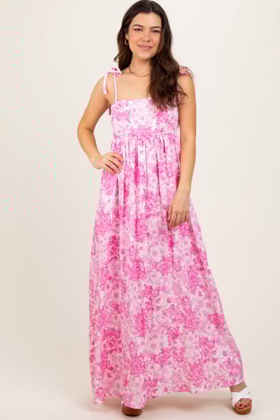 Rhea + Thea Pink Leaf Print Sleeveless Open Back Smocked Maxi Dress