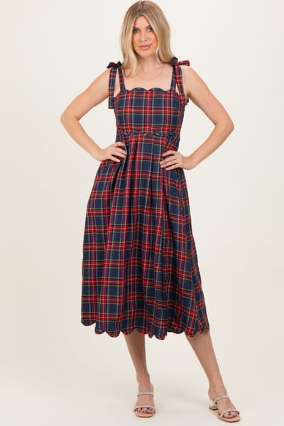 Entro Navy Plaid Shoulder Tie Scallop Hem Midi Dress