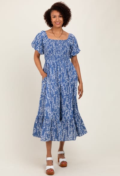 In February Blue Leaf Print Smocked Midi Dress