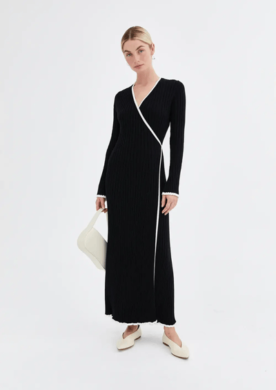For The Creators Isla Wrap Dress - Black with cream trim