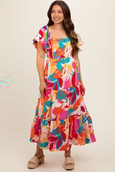 PinkBlush Fuchsia Leaf Print Maternity Maxi Dress