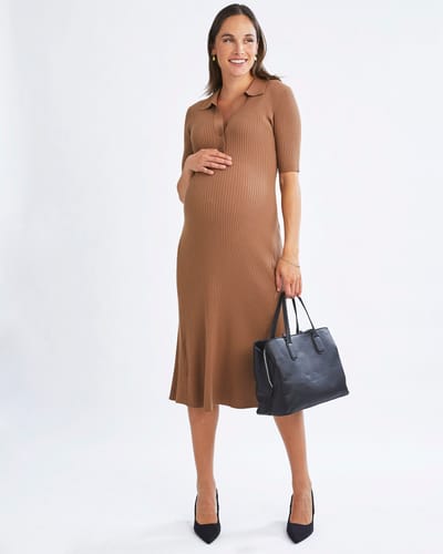 Angel Maternity Elegance Knit Maternity Midi Dress in Camel