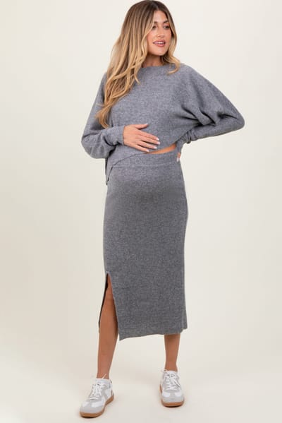 PinkBlush Heather Grey Ribbed Knit Asymmetric Top Midi Skirt Maternity Set