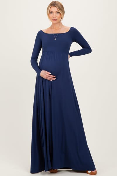 Rhea + Thea PinkBlush Navy Off Shoulder Maternity Maxi Dress