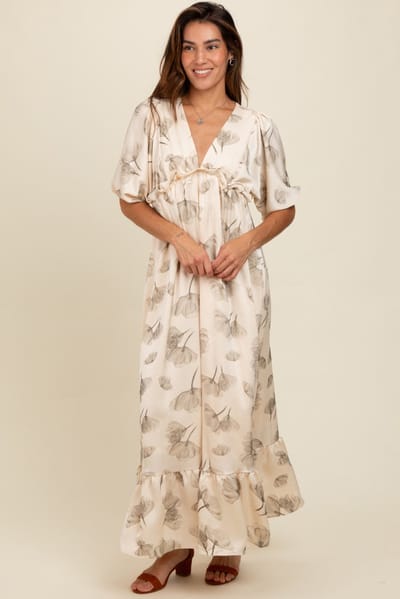Rhea + Thea Cream Floral Chiffon Ruffle Accent Maxi Dress