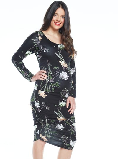 Angel Maternity Maternity Bodycon Long Sleeve Print Dress - Black Floral