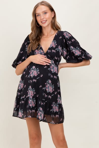 PinkBlush Black Floral Striped V-Neck Cutout Maternity Mini Dress