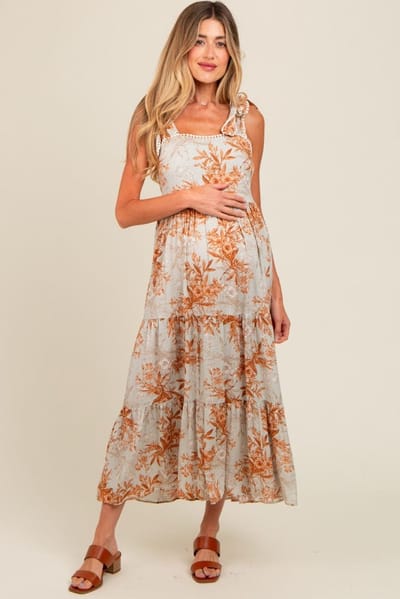 PinkBlush Rust Crochet Trim Floral Maternity Maxi Dress