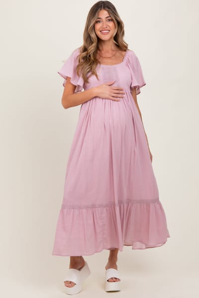 In Loom Light Pink Lace Square Neck Maternity Maxi Dress