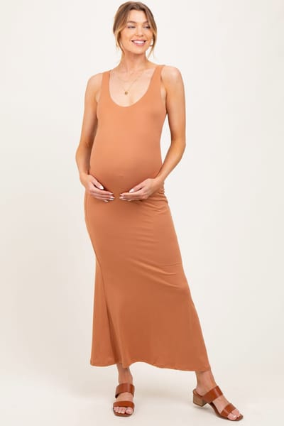 PinkBlush Camel Scoop Neck Fishtail Maternity Maxi Dress