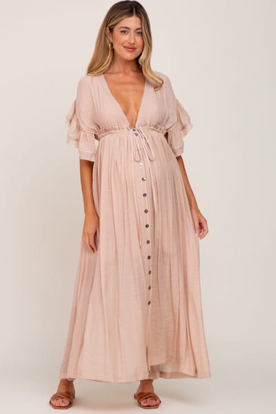PinkBlush Light Pink Deep V-Neck Button Down Maternity Maxi Dress