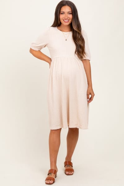 PinkBlush Ivory Textured Knit Puff Sleeve Maternity Midi Dress