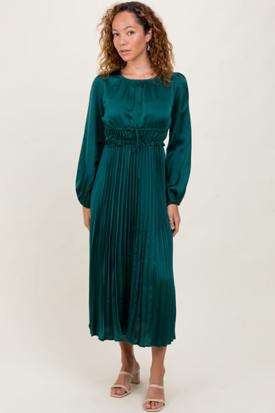 Dress Day Forest Green Pleated Satin Smocked Waist Midi Dress
