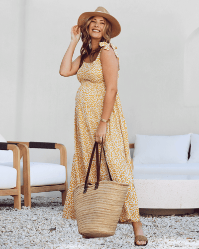 Angel Maternity Chelsea Maternity Ruffled Maxi Dress in Yellow Animal Print