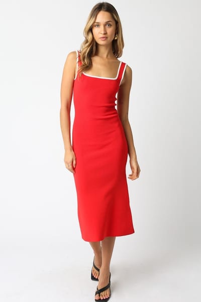 Olivaceous Red Knit Contrast Trim Square Neck Midi Dress