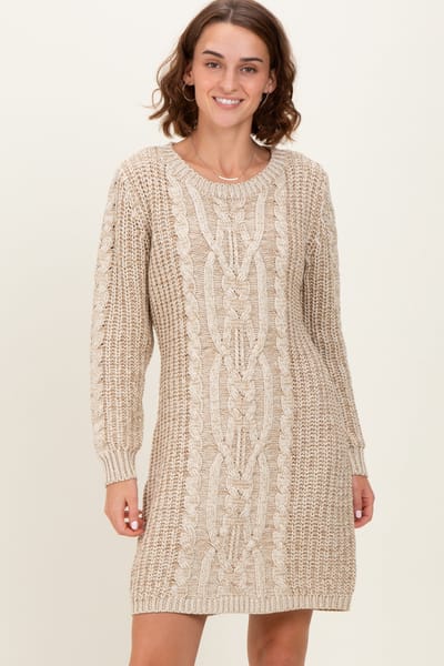 So Me Beige Two Tone Cable Knit Mini Sweater Dress