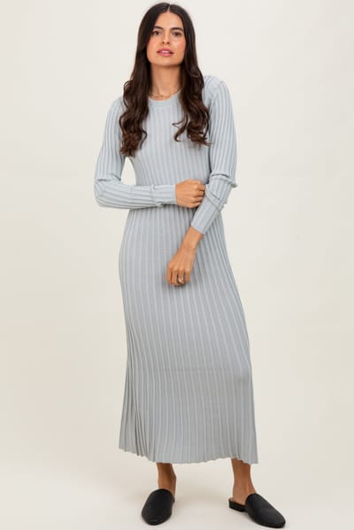 ABLE Grey Ribbed Long Sleeve Sweater Midi Dress