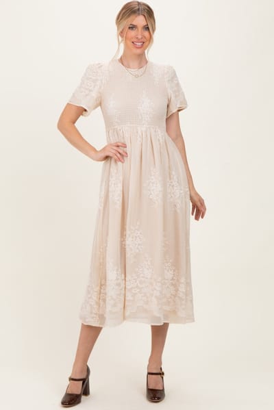 Tea N Rose Cream Embroidered Smocked Midi Dress