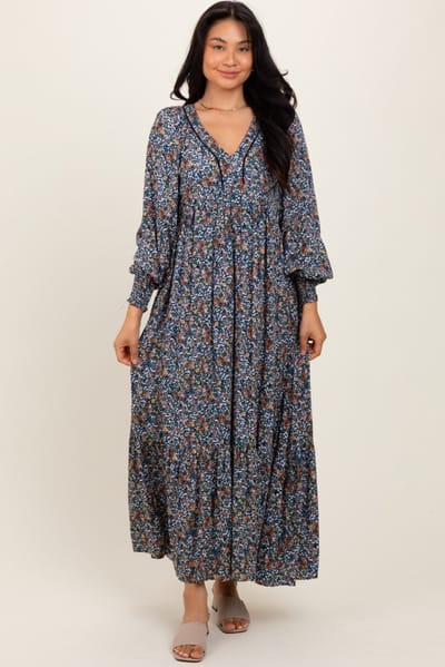 In Loom Navy Floral V-Neck Bubble Sleeve Maxi Dress