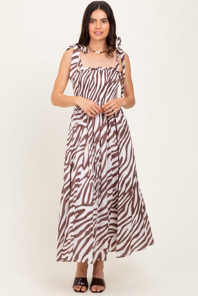 Flying Tomato Brown Animal Print Smocked Shoulder Tie Midi Dress