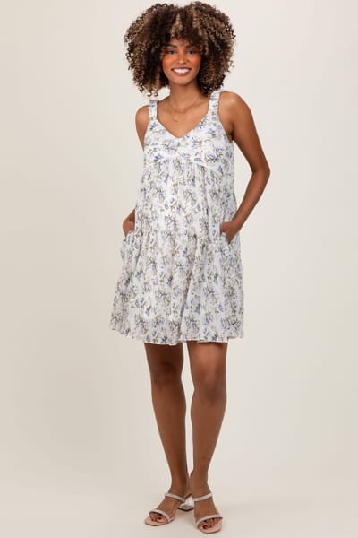 PinkBlush Blue Floral Plisse Texture Maternity Mini Dress