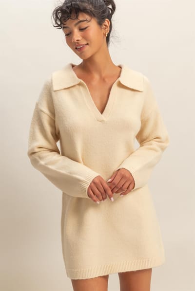 Hyfve Cream Long Sleeve Polo Sweater Dress