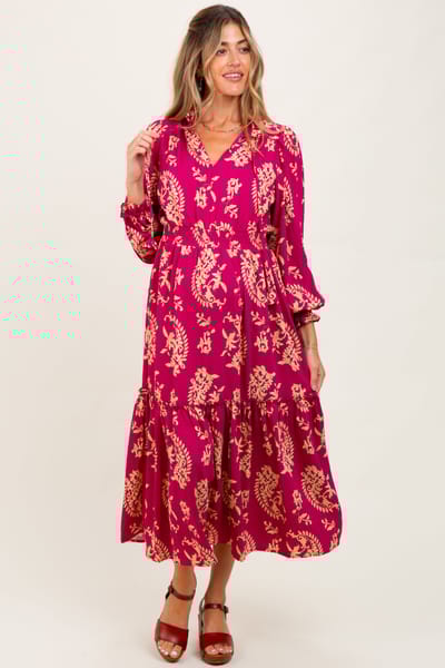 Umgee Magenta Damask Front Tie Smocked Waist Maternity Midi Dress