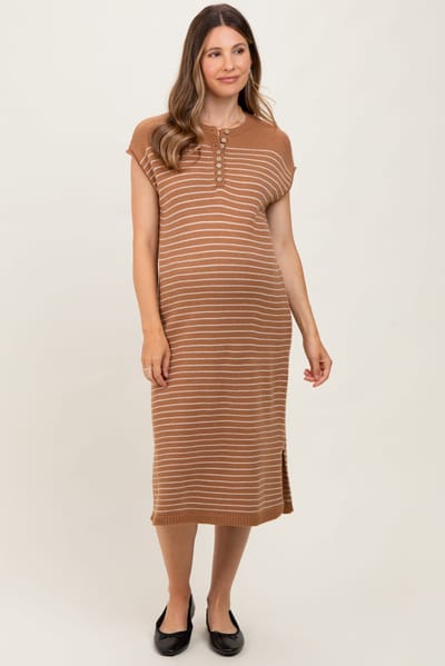 PinkBlush Mocha Striped Knit Button Detail Maternity Midi Dress