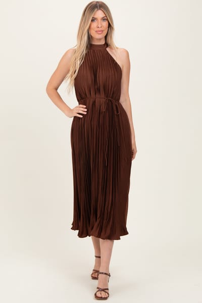 Rosevelvet Brown Pleated Halter Dress