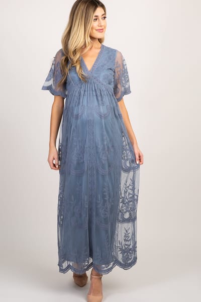 Rhea + Thea PinkBlush Blue Lace Mesh Overlay Maternity Maxi Dress