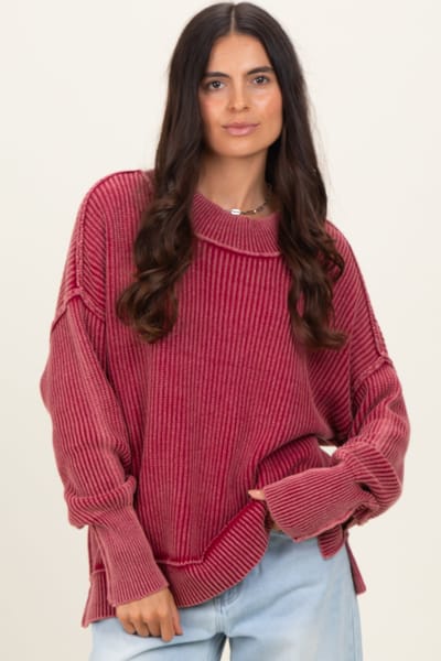 Zenana Outfitters Burgundy Washed Side Slit Oversized Sweater