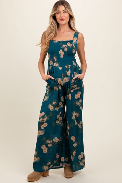 Davi & Dani Teal Floral Smocked Maternity Jumpsuit