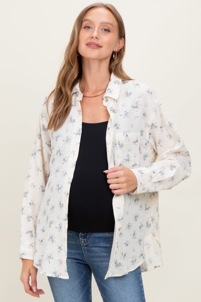 PinkBlush Blue Floral Cotton Gauze Oversized Button-Down Maternity Shirt