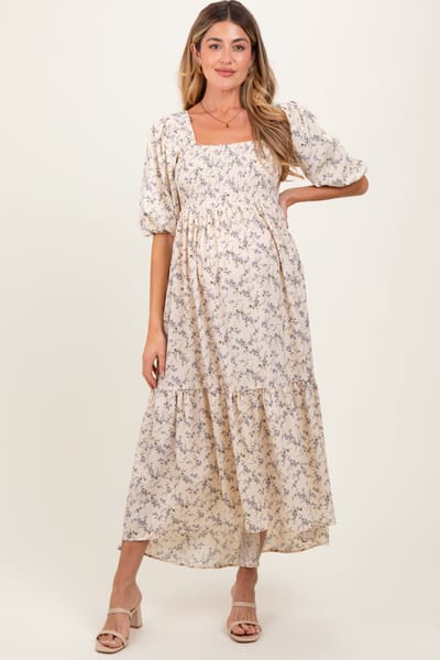 PinkBlush Ivory Floral Smocked Hi-Low Puff Sleeve Maternity Maxi Dress