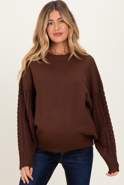 Zenana Outfitters Brown Cable Knit Sleeve Round Neck Sweater