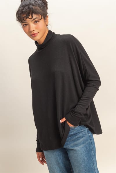 Hyfve Black Draped Oversized Turtleneck Dolman Sleeve Top