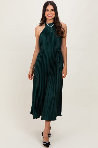 Rosevelvet Forest Green Pleated Halter Dress
