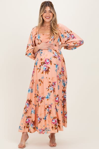 Rhea + Thea Peach Floral Long Sleeve Smocked Top Tiered Maternity Maxi Dress