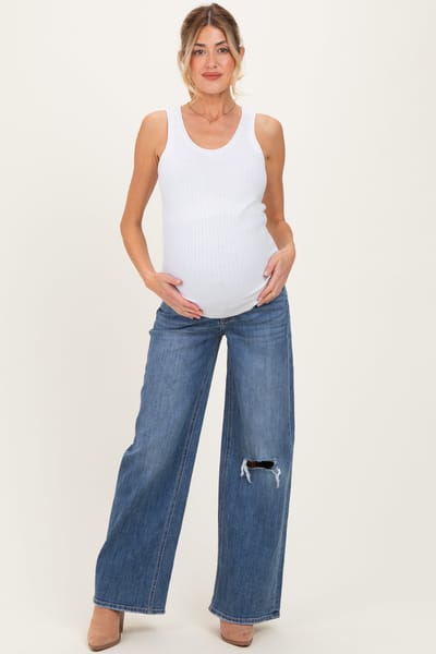 PinkBlush Blue Distressed Open Knee Wide Leg Maternity Jeans