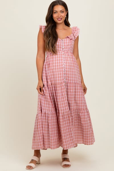 In Loom Mauve Cotton Plaid Maternity Maxi Dress
