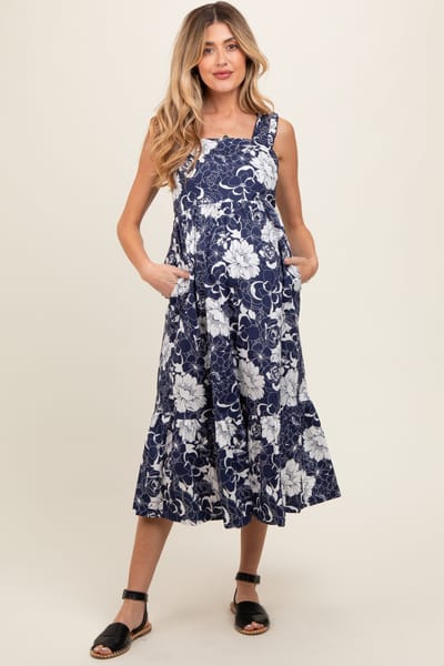 Listicle Navy Floral Tiered Sleeveless Maternity Midi Dress