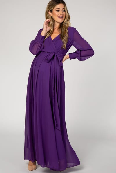 Ricarica Purple Chiffon Long Sleeve Pleated Maternity Maxi Dress
