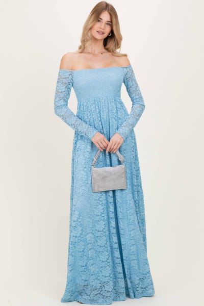 Rhea + Thea Light Blue Floral Lace Long Sleeve Off Shoulder Maxi Dress