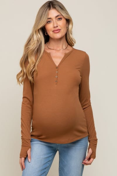 Doe & Rae Camel Button Front Long Sleeve Maternity Top