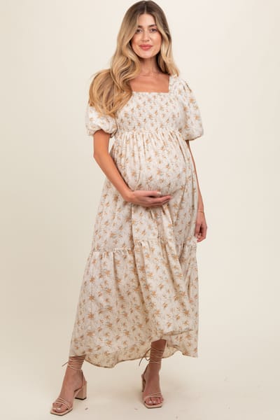 Elloh Cream Floral Smocked Square Neck Short Puff Sleeve Maternity Midi Dress