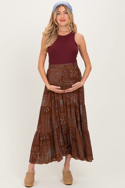 PinkBlush Brown Printed Tiered Maternity Maxi Skirt