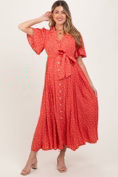 In Loom Red Flutter Sleeve Button Down Maternity Maxi Dress