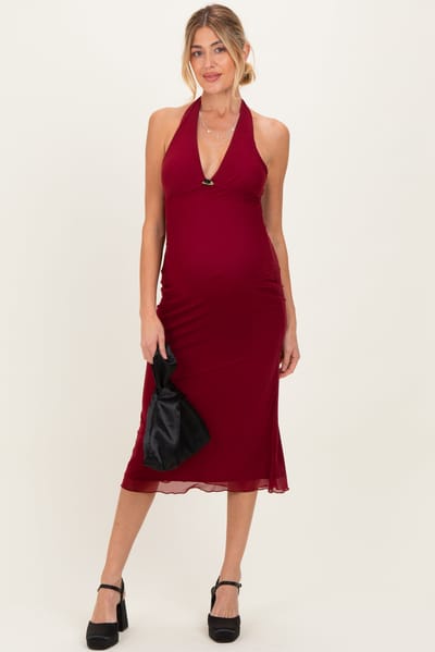 Le Lis Red Mesh Pendant Halter Maternity Midi Dress