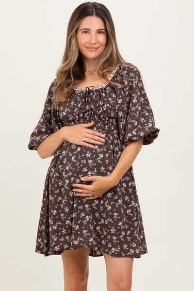 PinkBlush Brown Floral Square Neck Bubble Sleeve Maternity Dress